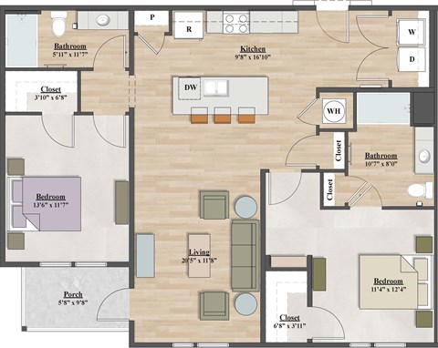 Floor plan for 2 beds, 2 baths, 1124 sqft